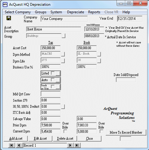 Click to view AcQuest HQ Depreciation 2.57 screenshot