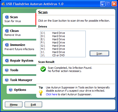 Click to view USB Flash Drive Autorun Antivirus 1.1 screenshot