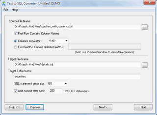 Click to view Text to SQL Converter 1.01.00 screenshot