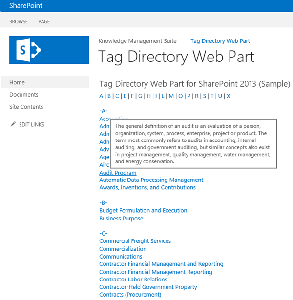 Click to view SharePoint Tag Directory Web Part 2.6 screenshot