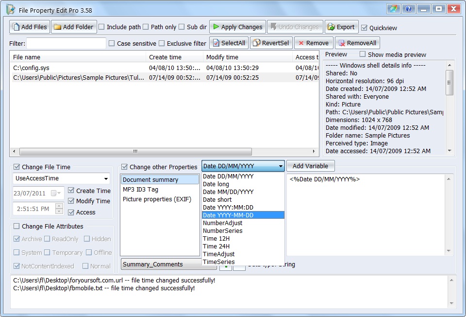 Click to view File Property Edit Pro 3.75 screenshot