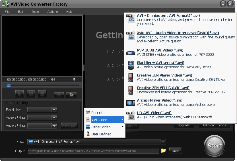 Click to view Free AVI Video Converter Factory 2.0 screenshot