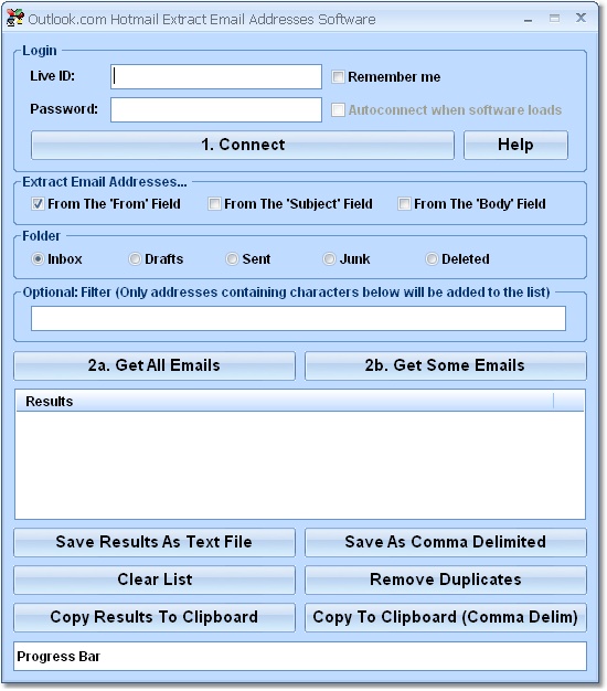 Click to view Windows Live Hotmail Extract Email Addresses Softw 7.0 screenshot