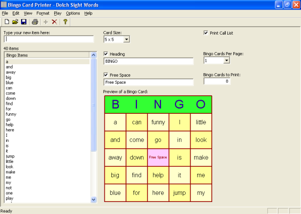 Click to view Bingo Card Printer 6.01 screenshot