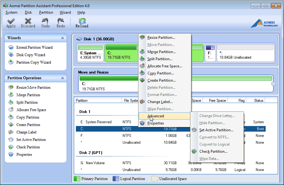 Click to view AOMEI Partition Assistant Professional Edition 4.0 screenshot
