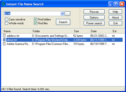 Click to view Instant File Name Search 1.8 screenshot
