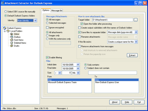Click to view Attachment Extractor for Outlook Express 1.5.2 screenshot