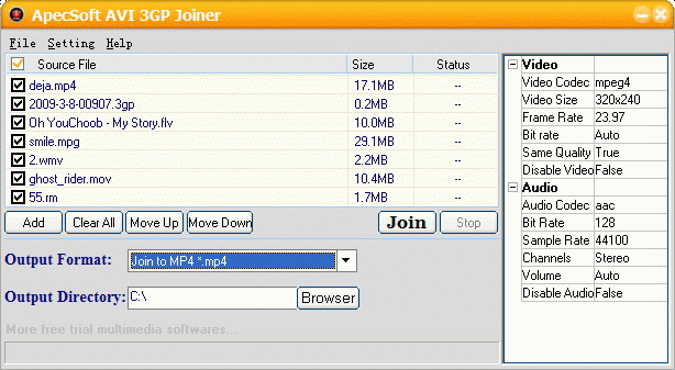 Click to view ApecSoft AVI 3GP Joiner 2.20 screenshot