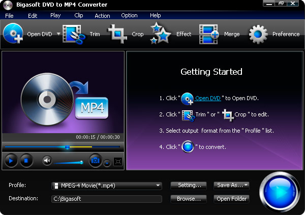 Click to view Bigasoft DVD to MP4 Converter 3.1.11.4743 screenshot