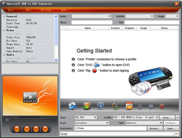 Click to view 3herosoft DVD to PSP Converter 4.1.4.0506 screenshot