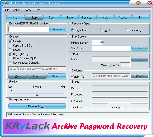Click to view KRyLack Archive Password Recovery 3.52 screenshot