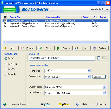 Click to view Boilsoft MOV Converter 2.41 screenshot