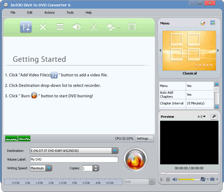 Click to view ImTOO DivX to DVD Converter 6.2.1.0321 screenshot