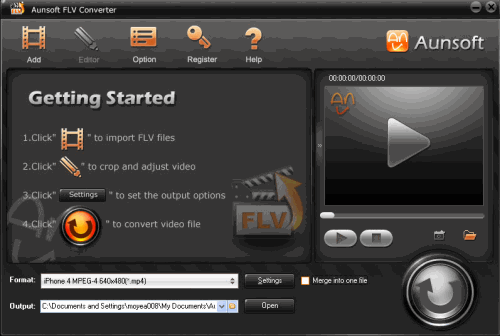 Click to view Aunsoft FLV Converter 1.0.1.2185 screenshot