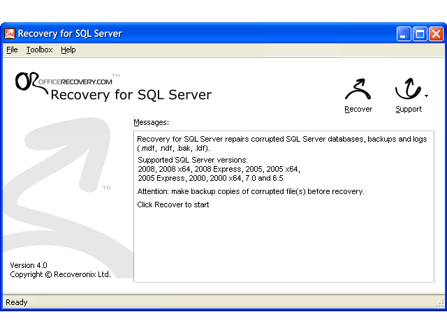Click to view Recovery for SQL Server 4.7.19692 screenshot