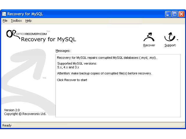Click to view Recovery for MySQL 2.0.0925 screenshot