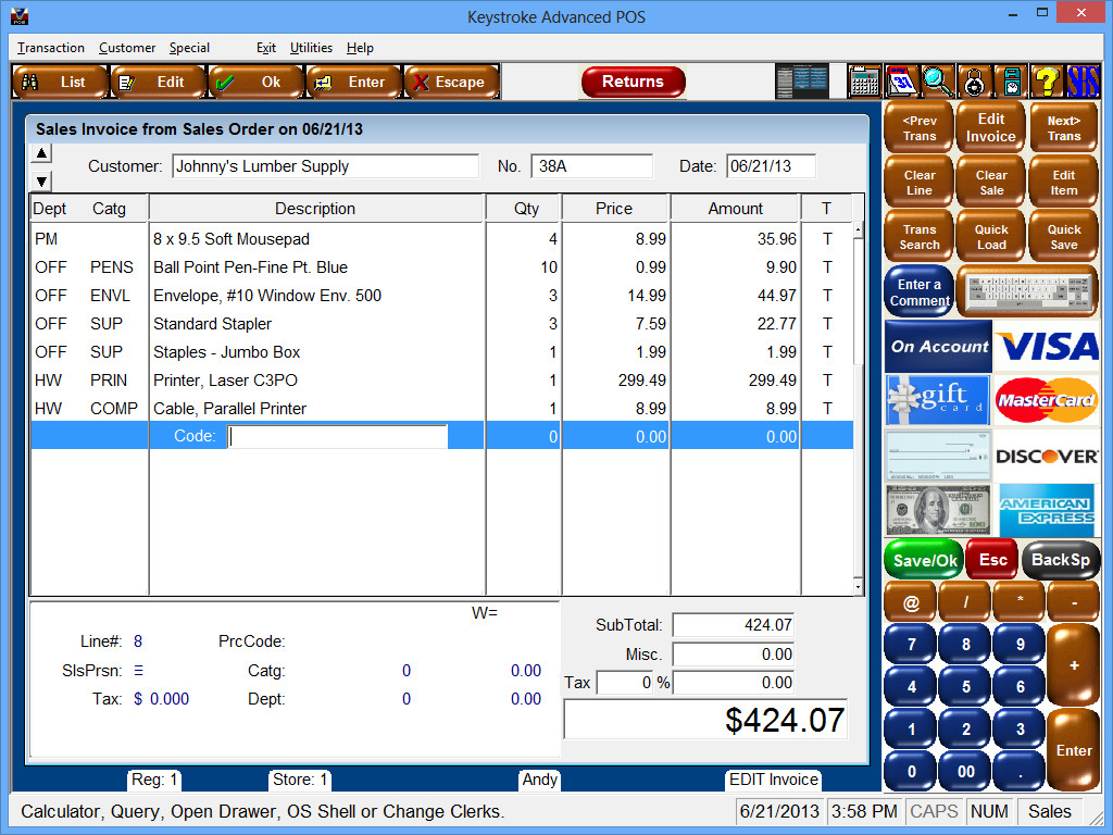 Click to view Keystroke Advanced POS Software 7.1x screenshot