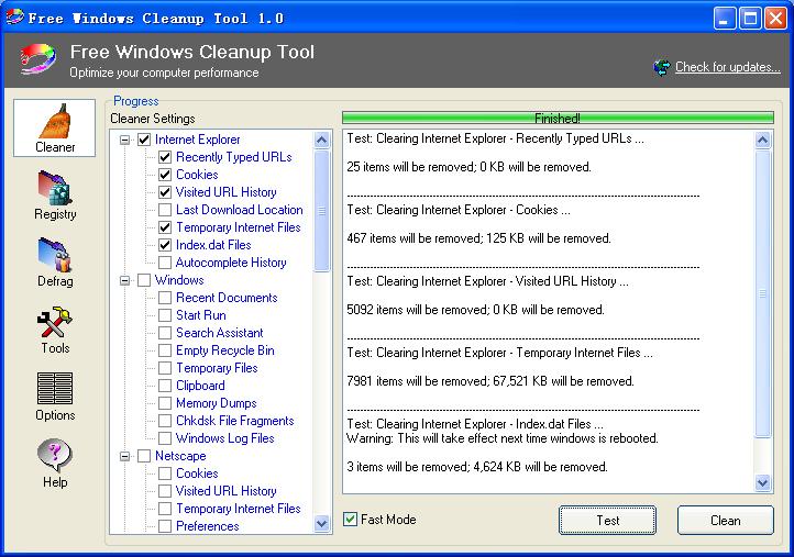 Click to view Free Windows Cleanup Tool 1.8 screenshot
