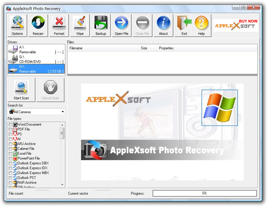 Click to view AppleXsoft Photo Recovery for Windows 3.0 screenshot