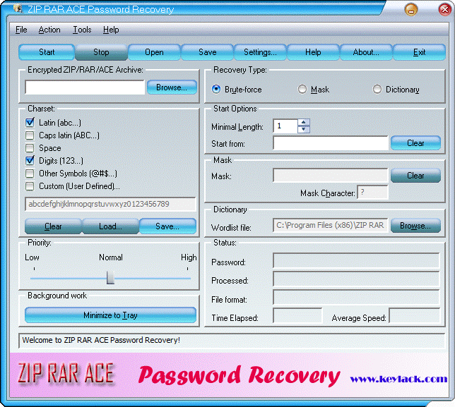 Click to view ZIP RAR ACE Password Recovery 2.52 screenshot