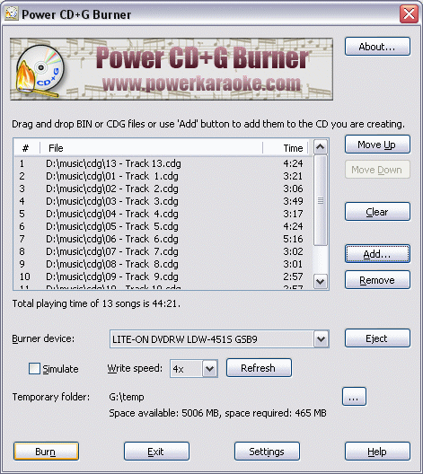 Click to view Power CD+G Burner 1.5.1 screenshot