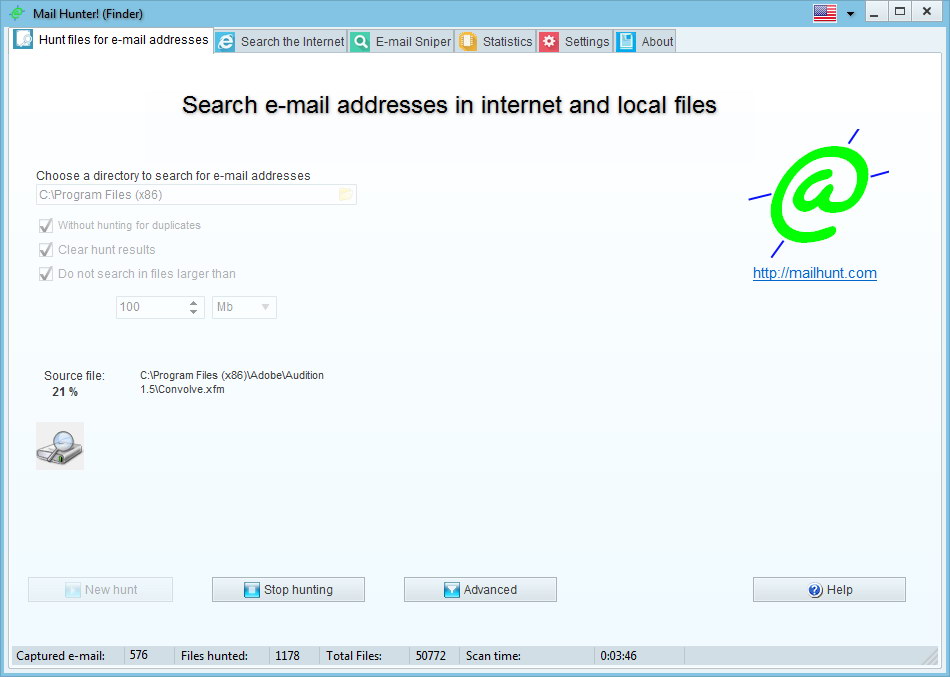 Click to view Mail Hunter Finder 2.94 screenshot