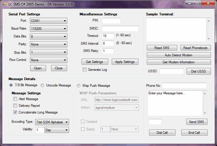 Click to view Logiccode GSM SMS ActiveX Dll 5.3 screenshot