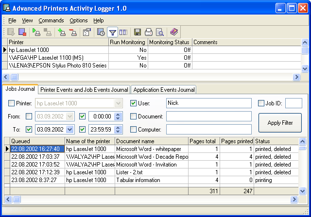 Click to view Advanced Printers Activity Logger 1.2 screenshot
