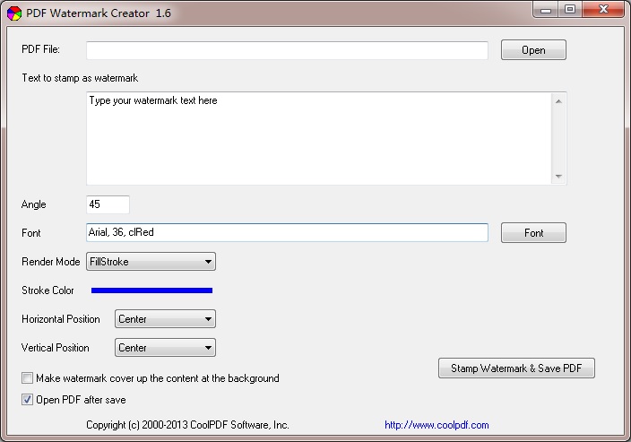Click to view PDF Watermark Creator 1.6 screenshot