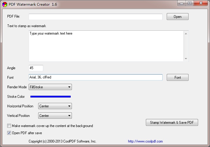 Click to view PDF Watermark Creator 1.6 screenshot