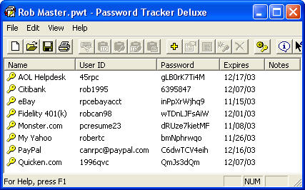 Click to view Password Tracker Deluxe 3.64 screenshot