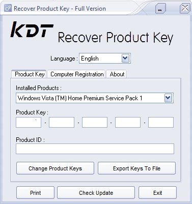 Click to view KDT Recover Product Key 1.1.2 screenshot