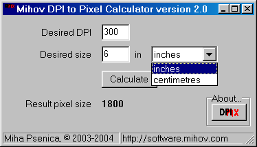 Click to view Mihov DPI to Pixel Calculator 2.0 screenshot