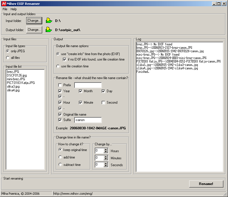 Click to view Mihov EXIF Renamer 3.0 screenshot