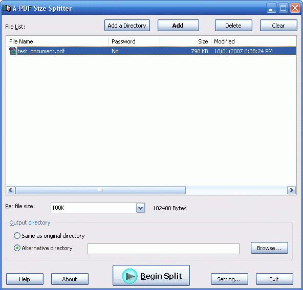 Click to view A-PDF Size Splitter 2.2.3 screenshot