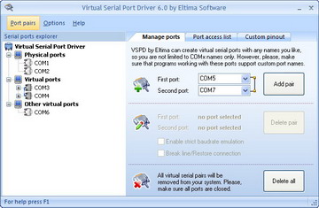 Click to view Eltima Virtual Serial Port Driver 6.9 screenshot