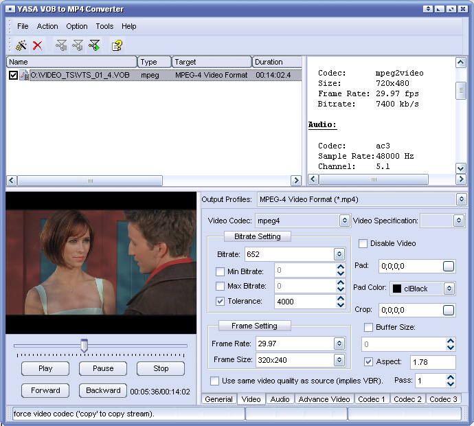 Click to view YASA VOB to MP4 Converter 3.8.54.1432 screenshot