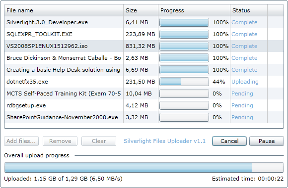 Click to view Silverlight Files Uploader 1.1 screenshot