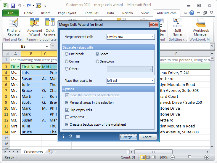 Click to view Merge Cells Wizard for Excel 3.0.8 screenshot