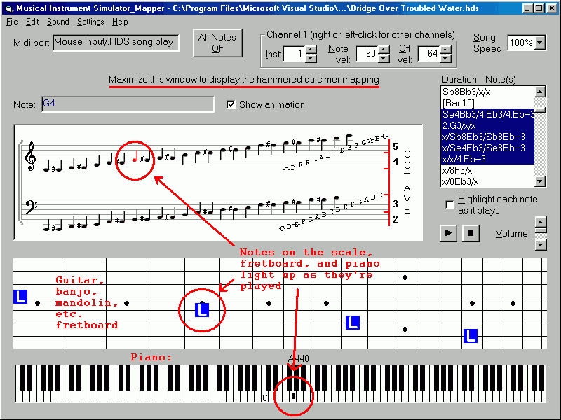 Click to view Musical Instrument Simulator/Note Mapper 6.40 screenshot
