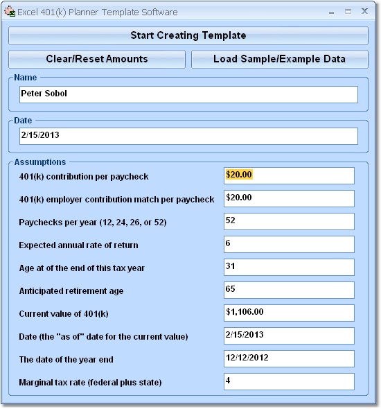 Click to view Excel 401(k) Planner Template Software 7.0 screenshot