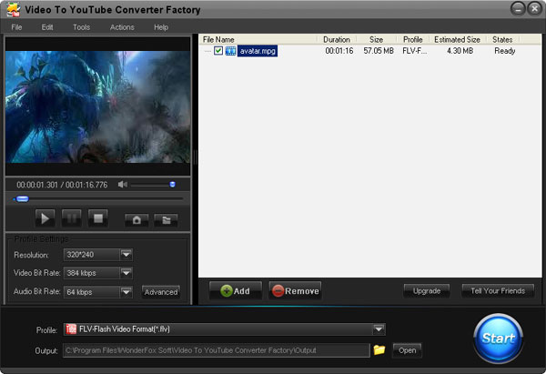 Click to view Free Video to YouTube Converter Factory 2.0 screenshot