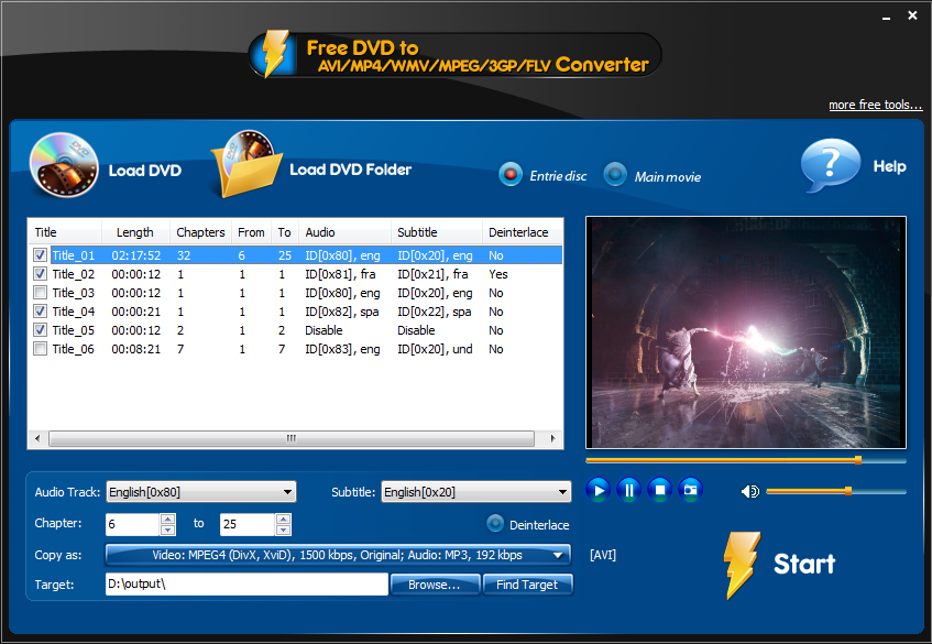 Screenshot for Free DVD to MP4/WMV/MPEG/3GP Converter 3.2.3