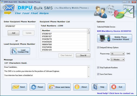 Click to view BlackBerry Free SMS Software 6.0.1.4 screenshot