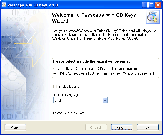 Click to view Passcape Win CD Keys 2.8.2 screenshot