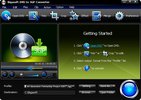 Click to view Bigasoft DVD to 3GP Converter 3.1.11.4743 screenshot