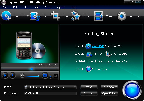Click to view Bigasoft DVD to BlackBerry Converter 3.1.11.4743 screenshot