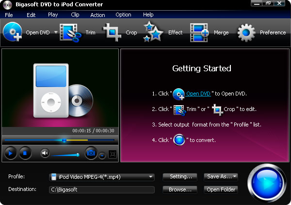 Click to view Bigasoft DVD to iPod Converter 3.1.11.4743 screenshot
