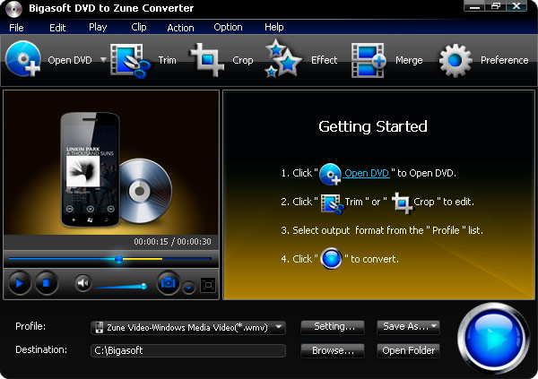 Click to view Bigasoft DVD to Zune Converter 3.1.11.4743 screenshot