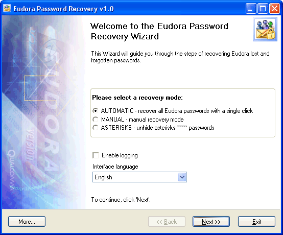 Click to view Eudora Password Recovery 1.6.4 screenshot